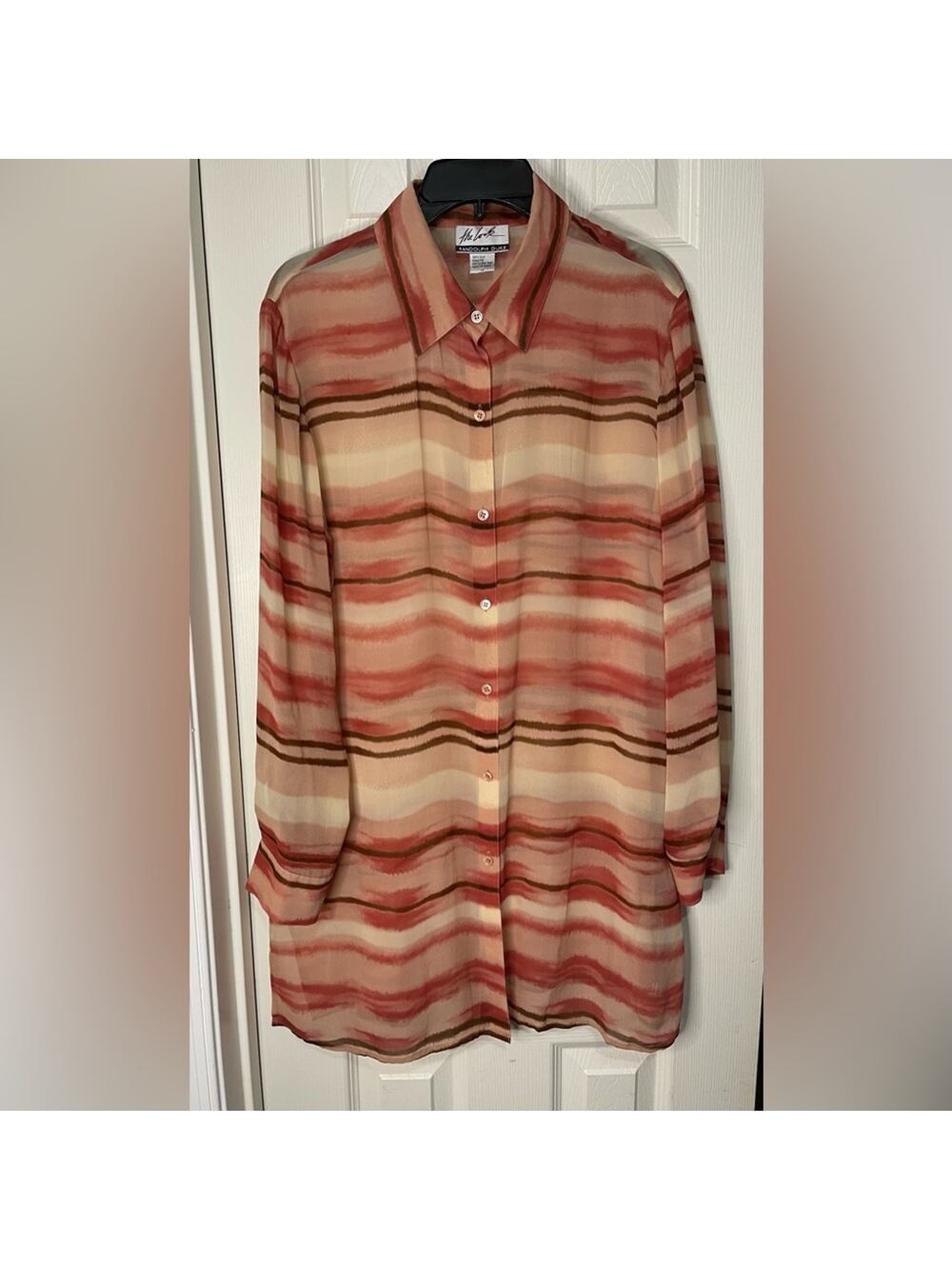 The Look Randolph Duke Cream Mauve Silk Button Up Semi Sheer Long Line Top sz 14